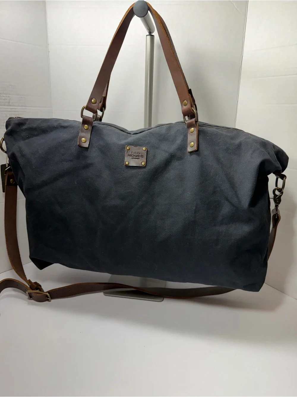 RED HOUSE Waxed Canvas Weekend Tote with Leather Straps - Gray made by hand